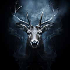 Head of a red deer with antlers in smoke and flames on black, unusual natural background, protect the forest from fire