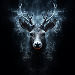 Head of a red deer with antlers in smoke and flames on black, unusual natural background, protect the forest from fire 