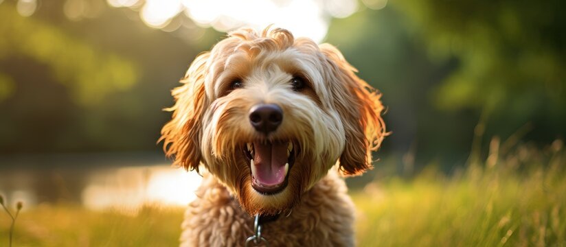 Labradoodle dog smiling while chewing dental treat.