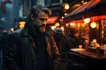 Fototapeta premium A solitary figure, adorned in a leather jacket, stands outside a dimly lit restaurant on a dark city street, his face hidden in the shadows as he contemplates the bustling building before him