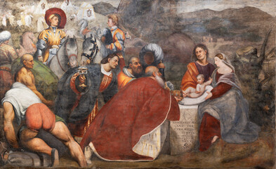 TREVISO, ITALY - NOVEMBER 8, 2023: The renaissance fresco of Three Magi in the Cathedral by...