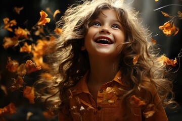 A free-spirited girl with flowing locks and a face adorned with a delicate flower gazes confidently amidst swirling leaves, embodying the beauty and innocence of youth