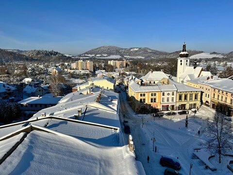 view of the town square of Frenstat pod Radhostem in winter