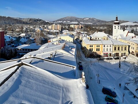 view of the town square of Fren&scaron;t&aacute;t pod Radho&scaron;těm in winter