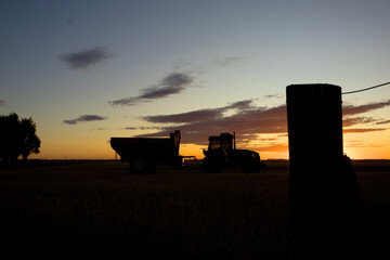 Fototapeta premium Tractor and grain cart parked in a backlit field as the sun sets. Sky with clouds in orange tones, tree and fence pole. Copy space