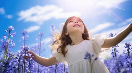 A beautiful little girl in a bluebell flowers field against a blue sky