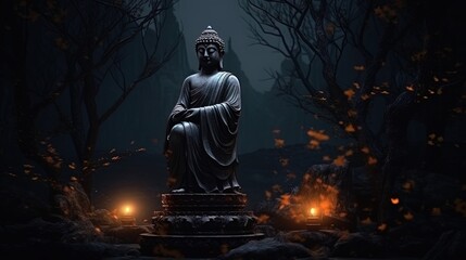 The mysterious statue is an antique statue lit by the light of the evening dawn