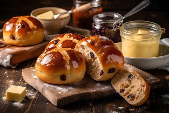 An image of a hot cross bun, a sweet bread with a cross made of icing on top (Generative AI)