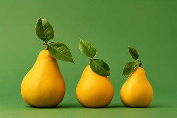 Pears and leaves on a green background. Minimal fruit concept.