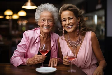 Foto op Plexiglas Two stylish women share a joyful moment over drinks at a fancy indoor restaurant, their smiles as radiant as their fashion accessories and the stemware in their hands © Larisa AI