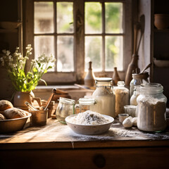 Fototapeta na wymiar Do-It-Yourself Home Baking Scene with Rustic Kitchen Tools and Fresh Ingredients
