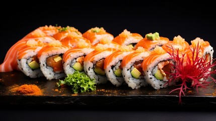 A plate of delicious sushi rolls with a variety of fish, avocado, and cucumber. [Copy space at the bottom.]