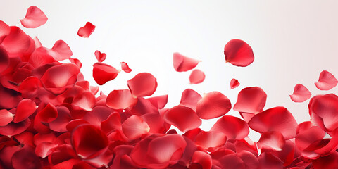 Red rose petals flying on light background, Valentines day, romantic