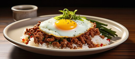 Thai minced beef with garlic, basil leaf, and chili sauce, served on cooked rice with a fried egg on top (Pad Kra Pao). - obrazy, fototapety, plakaty
