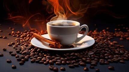 A steaming cup of coffee placed on a saucer with coffee beans scattered around.