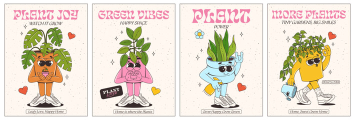 A set of posters with house plants and flowers. Trendy cartoon retro groovy character style. Green vibes, plant power. Сards, posters for market and plant store. Vector illustration. - obrazy, fototapety, plakaty