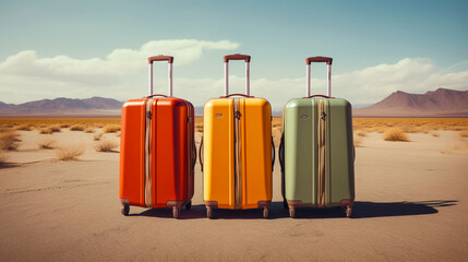 Tres maletas para viaje de diferentes colores de pie y con el asa estirada en un desierto  - obrazy, fototapety, plakaty