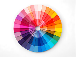 Round color pallet on white background. Circle of color samples represents spectrum unity. Colorful wheel showing the relationship of hues. Complete color wheel displaying a harmonious palette.