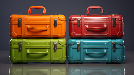 cuatro maletas de viaje de diferentes colores apiladas  una encima de otra. conjunto maletas para vacaciones - obrazy, fototapety, plakaty