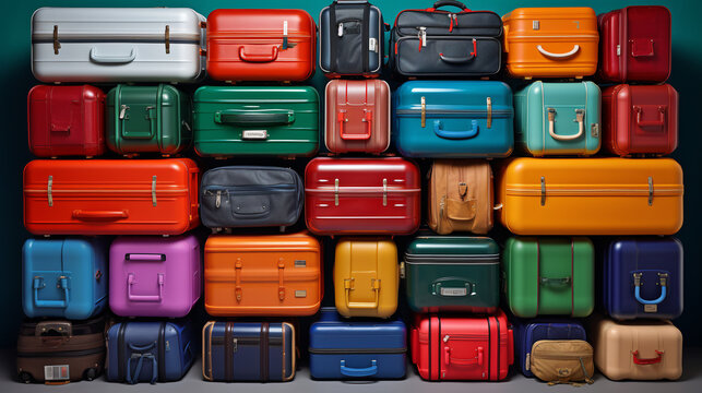 Maletas de viaje de direrentes coloresy texturas apiladas una sobre otra en una habitaci&oacute;n 
