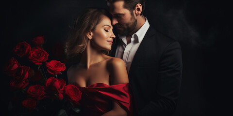 Happy couple on dark background, woman with red roses in hands