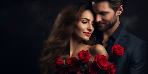 Happy couple on dark background, woman with red roses in hands