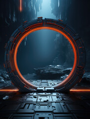  A glowing circular portal in a futuristic cityscape at night. Vertical abstract background wallpaper.