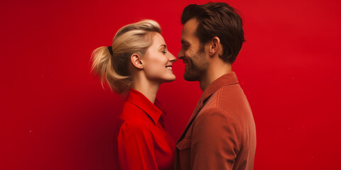 Obraz premium Happy couple on red background , valentines day