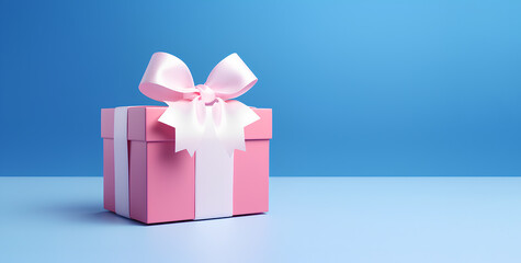 Gift pink box  with ribbon on a blue  background.
