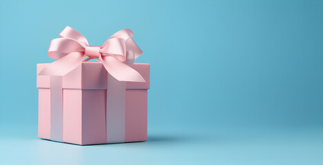 Gift pink box  with ribbon on a blue  background.
