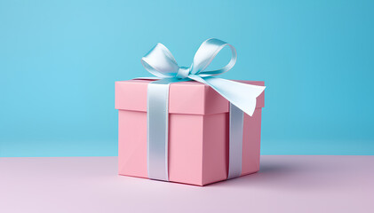 Obraz premium Gift pink box with ribbon on a blue background.