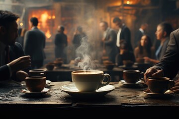 A diverse group of individuals share stories and laughter over steaming cups of coffee, the clinking of saucers and comforting aroma filling the cozy indoor space - obrazy, fototapety, plakaty