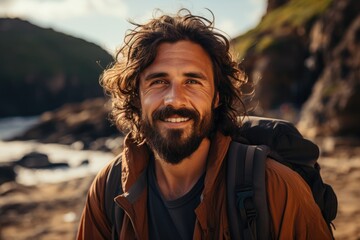 A rugged hiker with a majestic beard and trusty backpack gazes out at the vast horizon, his clothing and facial hair weathered by the elements, as he stands on the beach with the sky and mountains as - Powered by Adobe