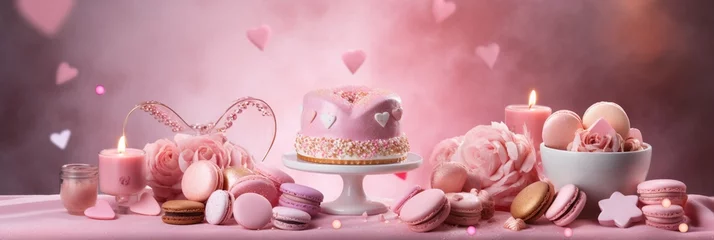 Zelfklevend Fotobehang Valentine's Day pink heart sweets and macarons. Food proffession photography. Banner © Lucy Aksek