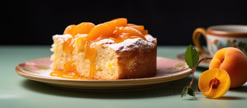 Apricot cake on plate.