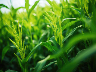 Obraz premium This close-up captures vibrant green biofuel crops like corn or sugarcane, highlighting their role in sustainable energy production.