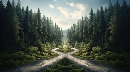 Crossroads, two different directions, concept of choose the correct way. forest landscape - obrazy, fototapety, plakaty