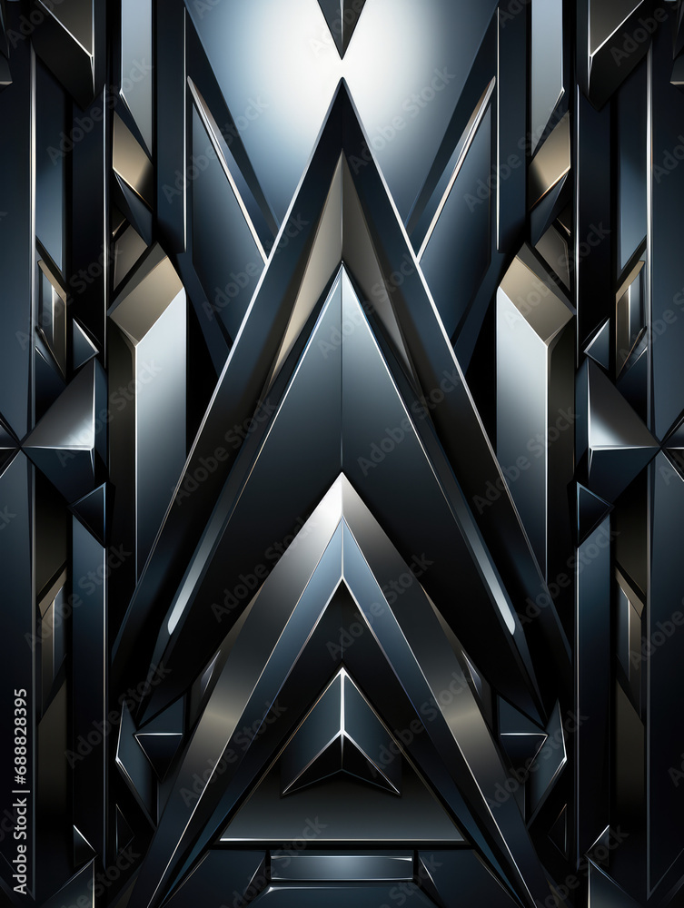 Poster Symmetric geometric shapes in silver and blue tones with a metallic finish.