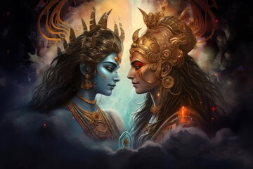 Shiva and Shakti coming together, when their energies merge, creating cosmic balance. Hindu deities. Hinduism. Man and woman in love. On background of fire and water. Fantasy Illustration - obrazy, fototapety, plakaty