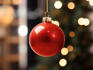 Close-up of a single, elegant red ornament hanging from a white Christmas tree branch.