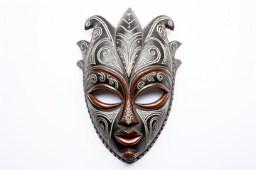 Carnival mask for the festival. African ethnic ritual mask isolated on white background. Wooden Tribal Mask of warrior with carved ornaments. Traditions and customs of Africa. Travel souvenir