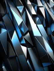 Symmetric geometric shapes in silver and blue tones with a metallic finish.