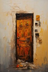 Door in wall. In style of oil painting. Metaphorical associative card on theme of Choice, door to the unknown, exit. Psychological abstract picture. Postcard, wall decoration, book illustration