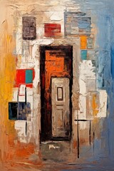 Door in wall. In style of oil painting. Metaphorical associative card on theme of Choice, door to the unknown, exit. Psychological abstract picture. Postcard, wall decoration, book illustration