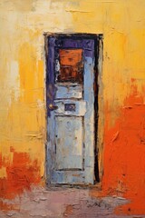 Fototapeta na wymiar Door in wall. In style of oil painting. Metaphorical associative card on theme of Choice, door to the unknown, exit. Psychological abstract picture. Postcard, wall decoration, book illustration