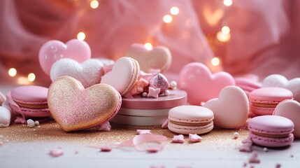 Obraz na płótnie Canvas Valentine's Day pink heart sweets and macarons. Food proffession photography