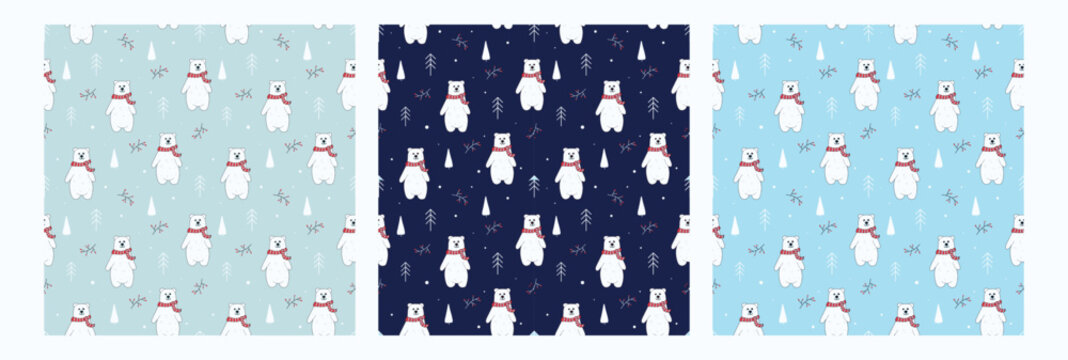 Set of seamless patterns with a cute polar bear on a blue, gray and navy background. For children's products, prints, decoration, vector illustration.