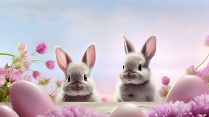 Easter banner or cover for a website in soft nude tones depicting Easter eggs and flowers and bunnies with space for text