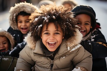 A group of young children, bundled in warm coats and fur clothing, share infectious laughter under the winter sun, surrounded by the vibrant colors of nature and the joyful smiles of their friends an