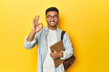 Asian student with backpack and notebook, yellow studio backdrop cheerful and confident showing ok gesture.